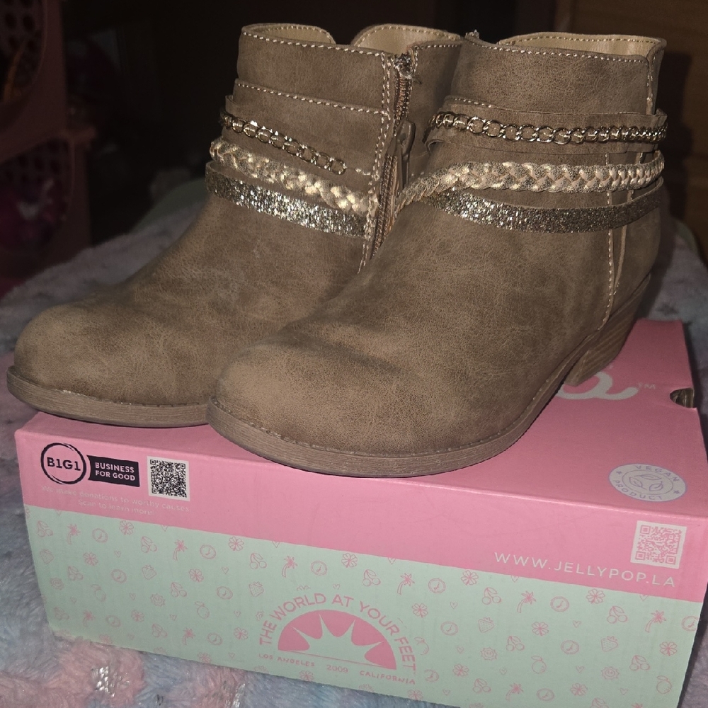 Jellypop Tan Ankle Boots with Glitter and Braided Accents